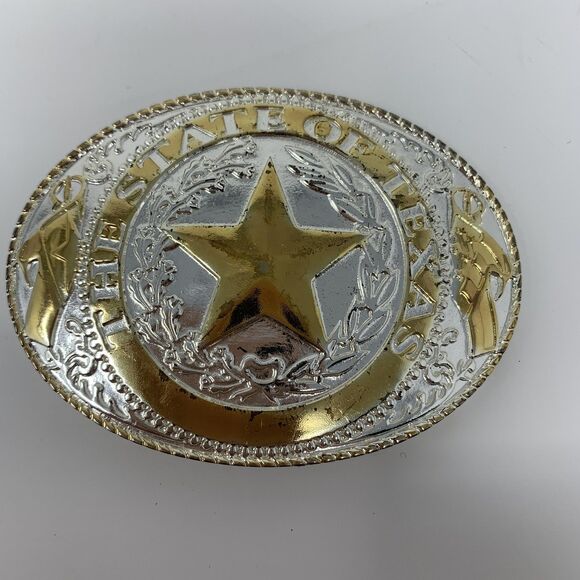 The State of Texas Belt Buckle Gold Silver Western Cowboy Star Metal - Picture 1 of 9